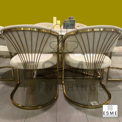 Ohio Gold White Marble 180cm Dining Table + Porto Cream/Gold Leathaire Fabric Dining Chairs