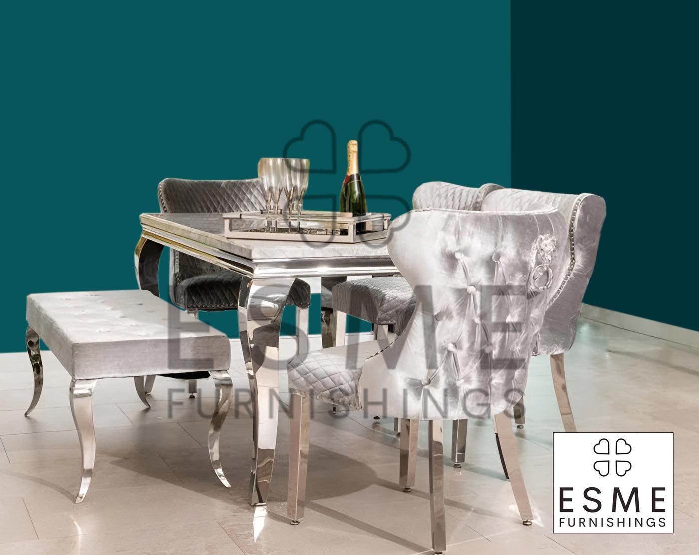 Louis Marble & Chrome Dining Table With Valente Lion Knocker Velvet Chairs & Bench
