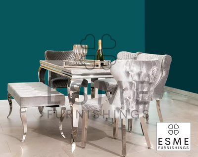 Louis Marble & Chrome Dining Table With Valente Lion Knocker Velvet Chairs & Bench