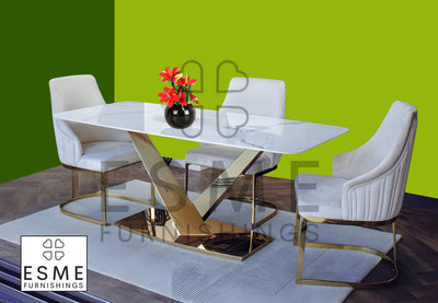 Valeo 180cm Gold Dining Table With Carlton Cream/Gold Velvet Dining Chairs