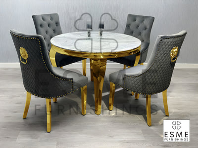Louis Marble & Gold 130cm Round Dining Table With Quilted Gold Lion Knocker Velvet Chairs