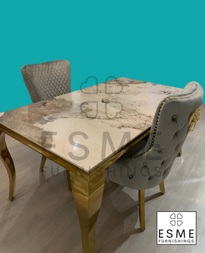 Louis Pandora Gold Marble Dining Table With Victoria Shimmer Velvet Lion Knocker Velvet Chairs