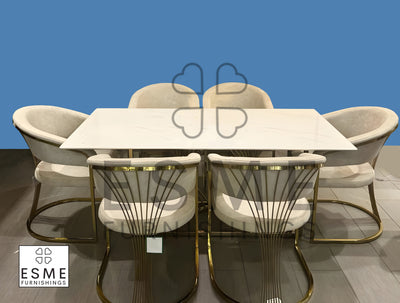 Ohio Gold White Marble 180cm Dining Table + Porto Cream/Gold Leathaire Fabric Dining Chairs