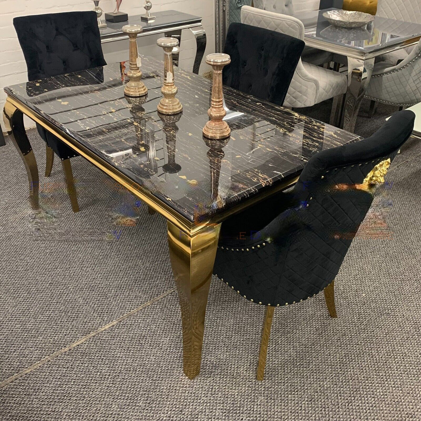 PROMO Louis Black/Gold 100cm Marble Dining Table With 4 Black & Gold Lion Knocker Velvet Chairs