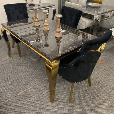 PROMO Louis Black/Gold 100cm Marble Dining Table With 4 Black & Gold Lion Knocker Velvet Chairs