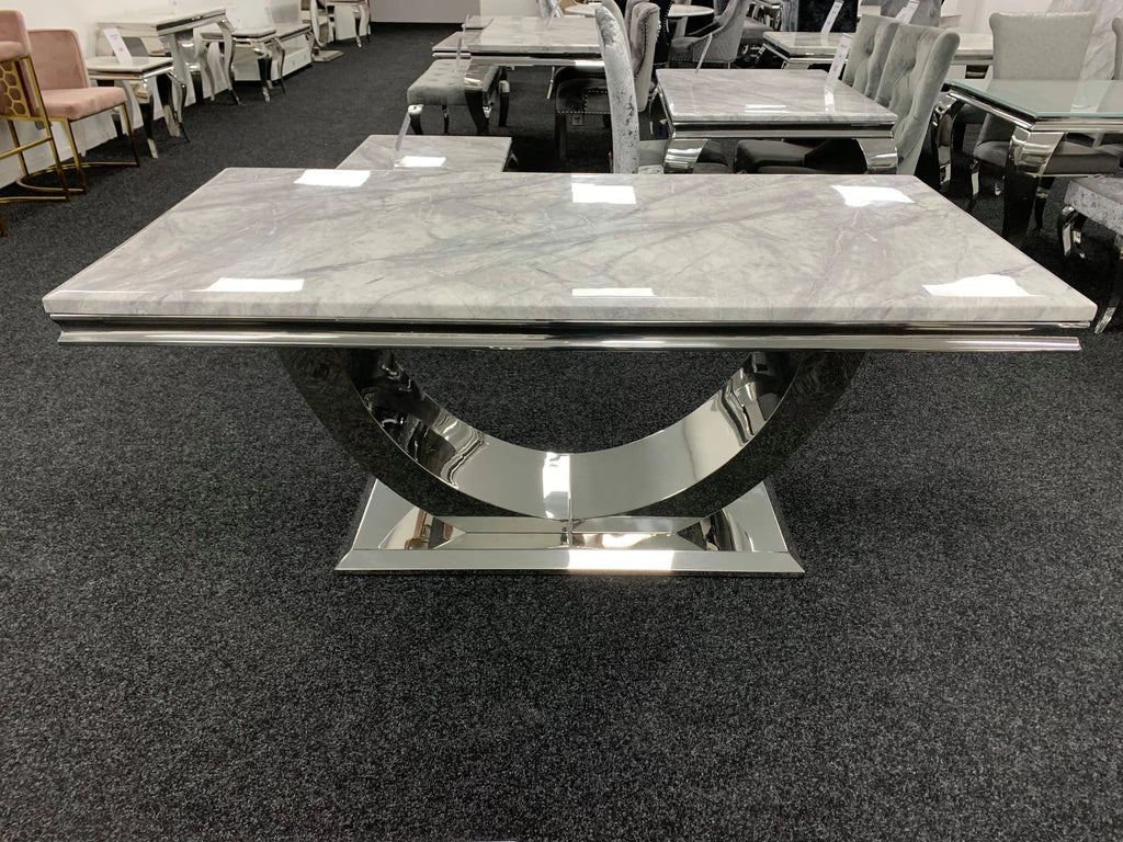 Arial Marble & Chrome Dining Table With Valentino Lion Knocker Velvet Chairs