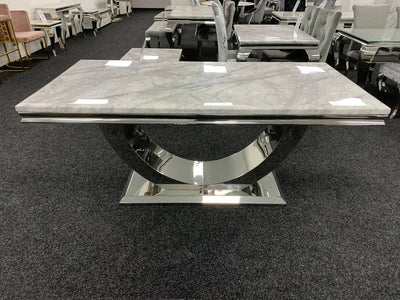 Arial Marble & Chrome Dining Table With Valentino Lion Knocker Velvet Chairs