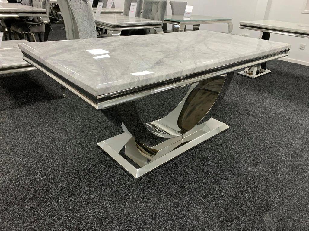 Arial Marble & Chrome Dining Table With Valentino Lion Knocker Velvet Chairs