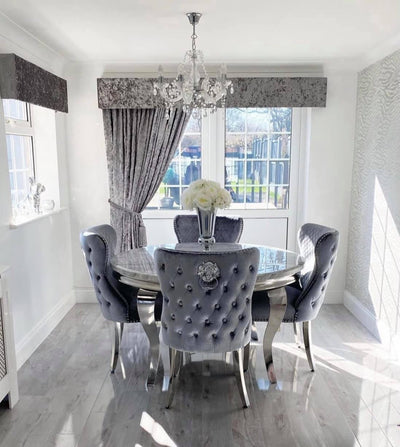 Louis 130cm Grey Marble Round Dining Table + Valente Grey Lion Button Chairs-Esme Furnishings