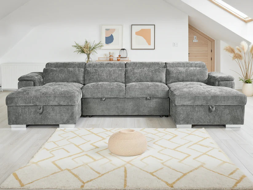 Alaya Large Grey U Shape Sofabed with Storage and Adjustable Headrests