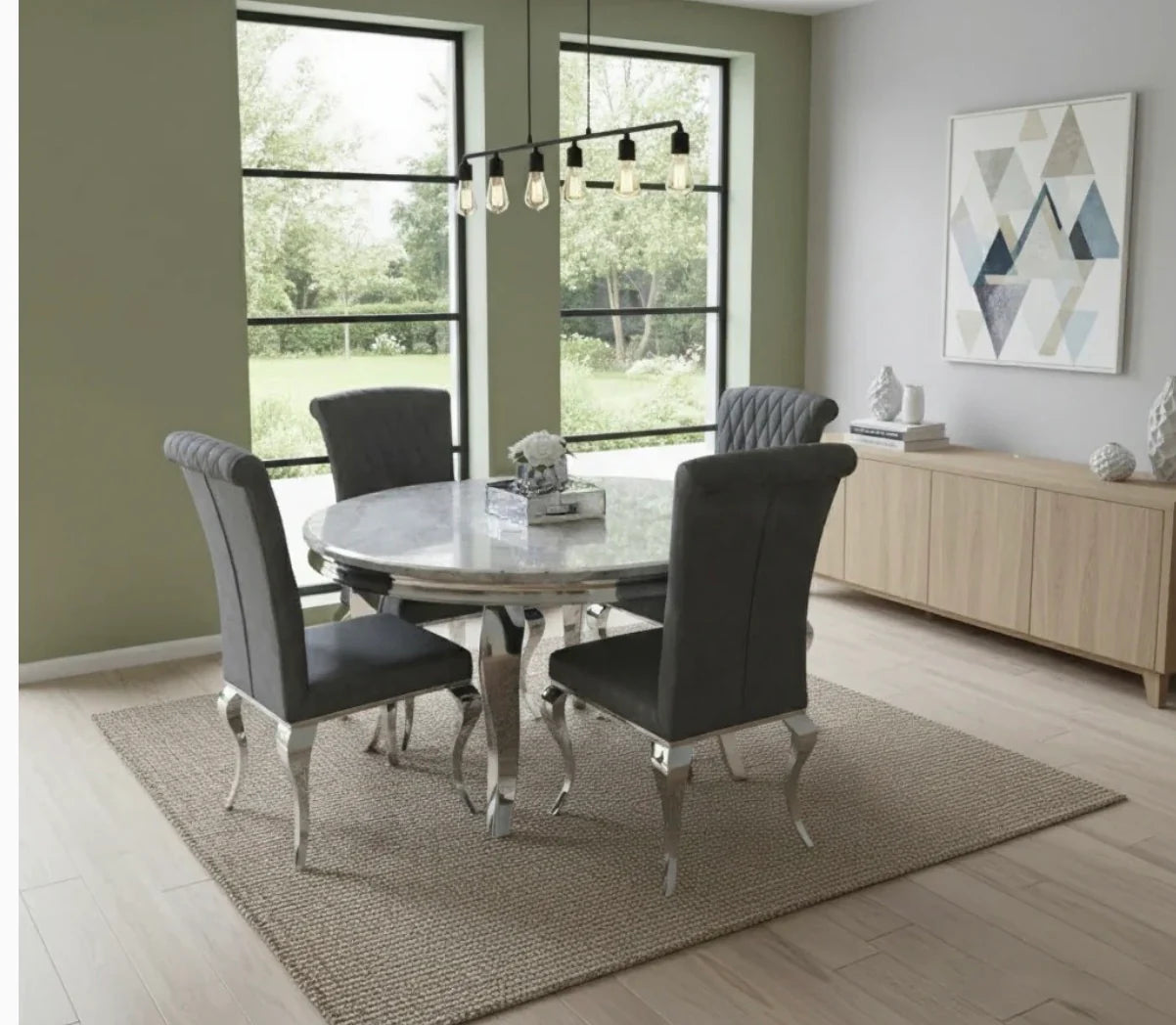 Louis Chrome Round Marble 130cm Dining Table With Nicole PU Leather Dining Chairs