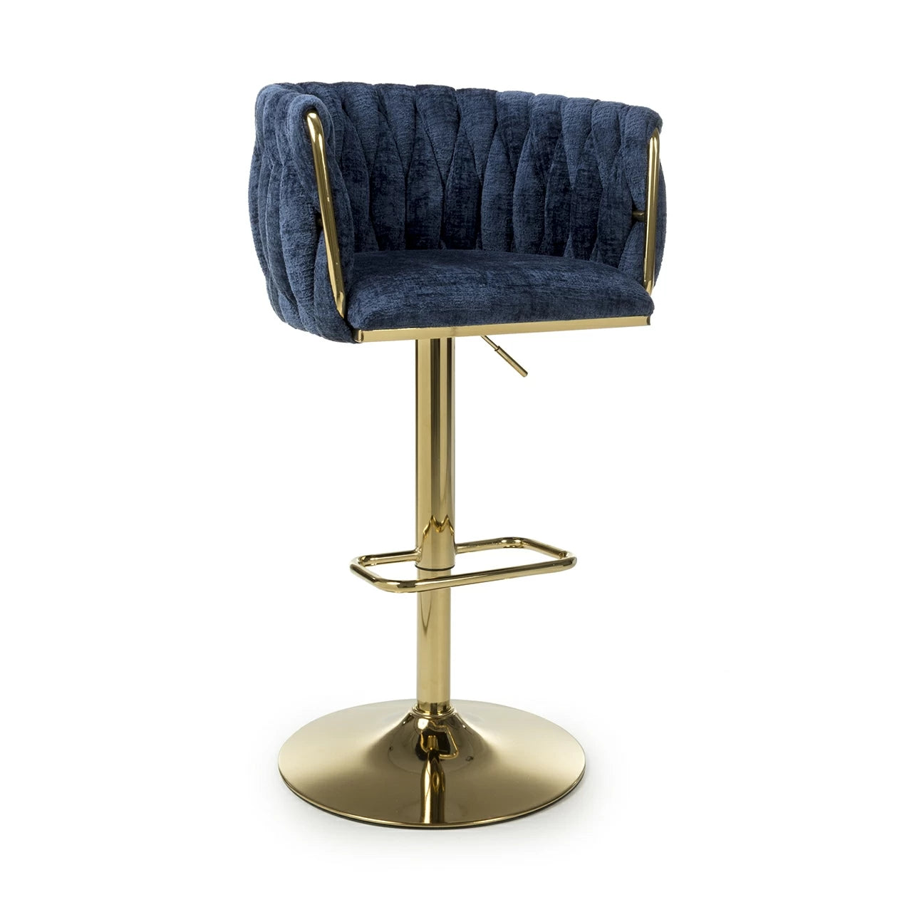Lorne Luxury Blue & Gold Linen Fabric Bar Stool Adjustable Gold Legs