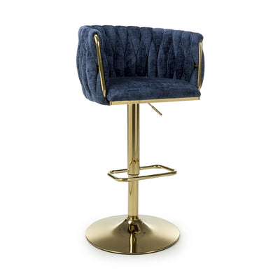 Lorne Luxury Blue & Gold Linen Fabric Bar Stool Adjustable Gold Legs