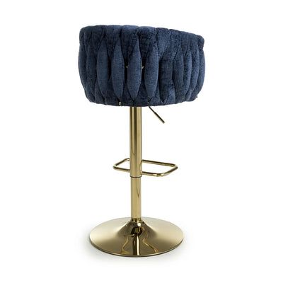 Lorne Luxury Blue & Gold Linen Fabric Bar Stool Adjustable Gold Legs