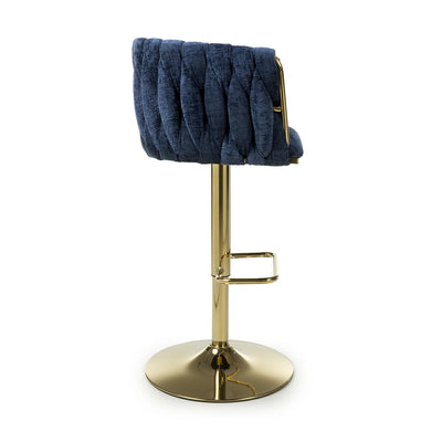 Lorne Luxury Blue & Gold Linen Fabric Bar Stool Adjustable Gold Legs