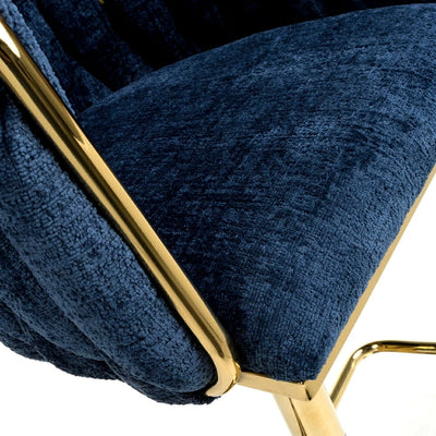 Lorne Luxury Blue & Gold Linen Fabric Bar Stool Adjustable Gold Legs