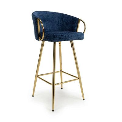Viscose Luxury Blue & Gold Linen Fabric Bar Stool Gold Legs