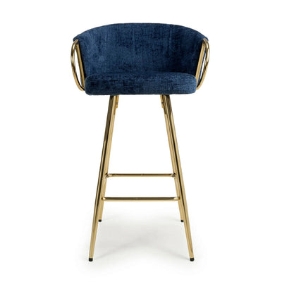 Viscose Luxury Blue & Gold Linen Fabric Bar Stool Gold Legs