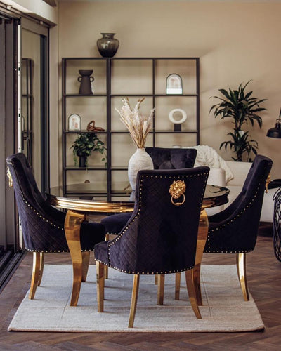 Louis 130cm Gold Round Marble Dining Table + Cream Gold Lion Dining Chairs