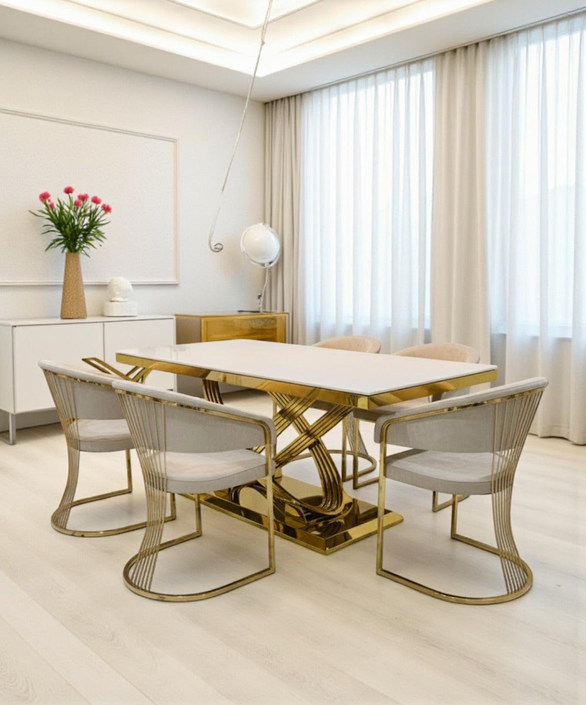 Elina 180cm Gold Dining Table With Porto Gold Leathaire Fabric Chairs Gold Legs