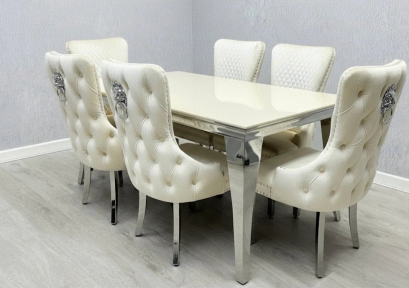 Louis Marble & Chrome Dining Table With Victoria Cream Lion Knocker Velvet Chairs