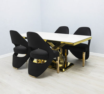 Elina 180cm Gold Dining Table With Santos Velvet Gold Chairs