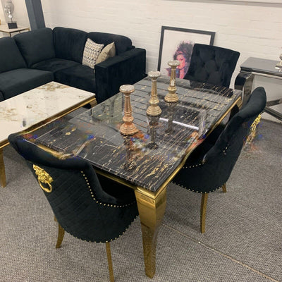 PROMO Louis Black/Gold 100cm Marble Dining Table With 4 Black & Gold Lion Knocker Velvet Chairs