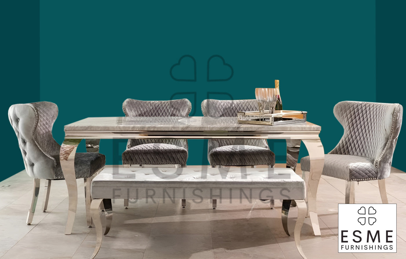 Louis Marble & Chrome Dining Table With Valente Lion Knocker Velvet Chairs & Bench