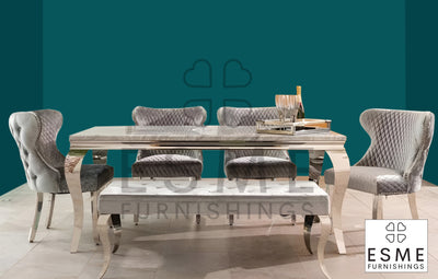 Louis Marble & Chrome Dining Table With Valente Lion Knocker Velvet Chairs & Bench