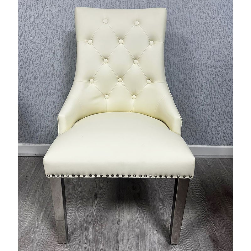Majestic PU Lion Knocker Quilted PU Cream White Leather Dining Chair Chrome Legs