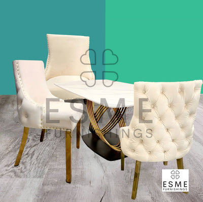 Orion 180cm Gold Dining Table With Kensington Cream/Gold Velvet Dining Chairs