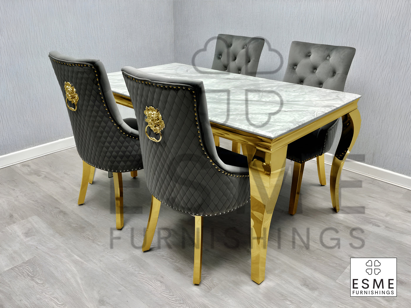 Louis Marble & Gold Dining Table With Quilted Gold Lion Knocker Velvet Chairs
