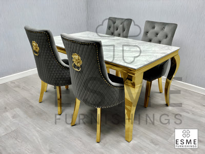 Louis Marble & Gold Dining Table With Quilted Gold Lion Knocker Velvet Chairs