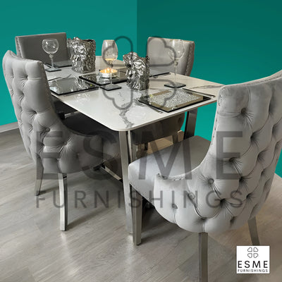 Lucien White 160cm Ceramic Marble Dining Table + Kensington Button Back Velvet Dining Chairs
