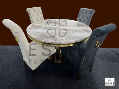 Chelsea Gold Round 130cm Marble Dining Table With Lucy Quilted Gold Ring Knocker Velvet Chairs