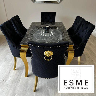 Louis Marble & Gold Dining Table With Gold Quilted Lion Knocker Velvet Chairs
