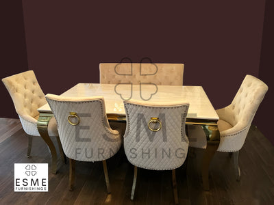 Louis Gold Cream Marble Dining Table With Gold Ring Knocker Velvet Dining Chairs