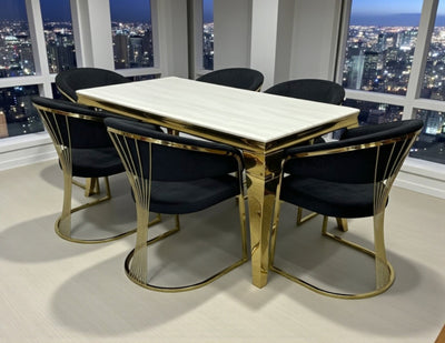 Louis Marble & Gold Dining Table With Porto Gold Leathaire Fabric Chairs Gold Legs