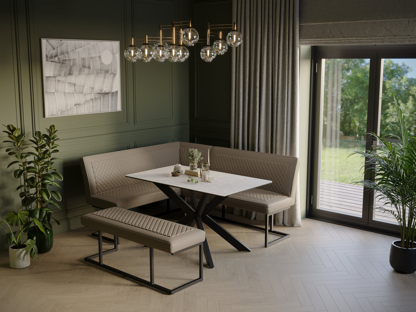 Nova Corner Leather Sand Taupe Bench Set - Left Hand Facing