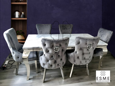 Louis Marble & Chrome Dining Table With Victoria Ring Knocker Velvet Chairs