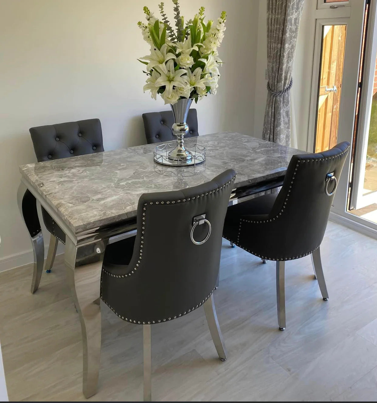 Louis Marble & Chrome Dining Table With Grey PU Leather Chrome Ring Knocker Chairs