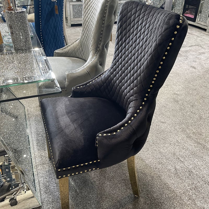Louis Grey Gold Marble Dining Table With Victoria Shimmer Velvet Lion Knocker Velvet Chairs