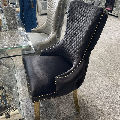 Louis Grey Gold Marble Dining Table With Victoria Shimmer Velvet Lion Knocker Velvet Chairs