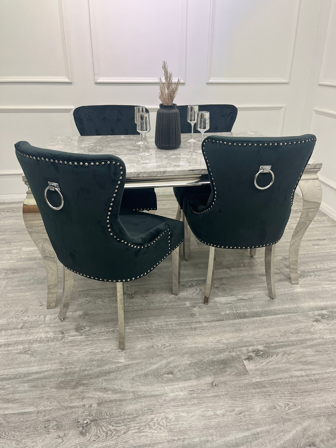 Louis 160cm Marble & Chrome Dining Table With Megan Chrome Ring Knocker Velvet Chairs