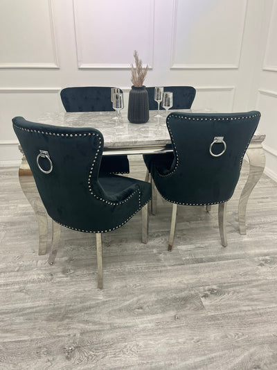 Louis 160cm Marble & Chrome Dining Table With Megan Chrome Ring Knocker Velvet Chairs