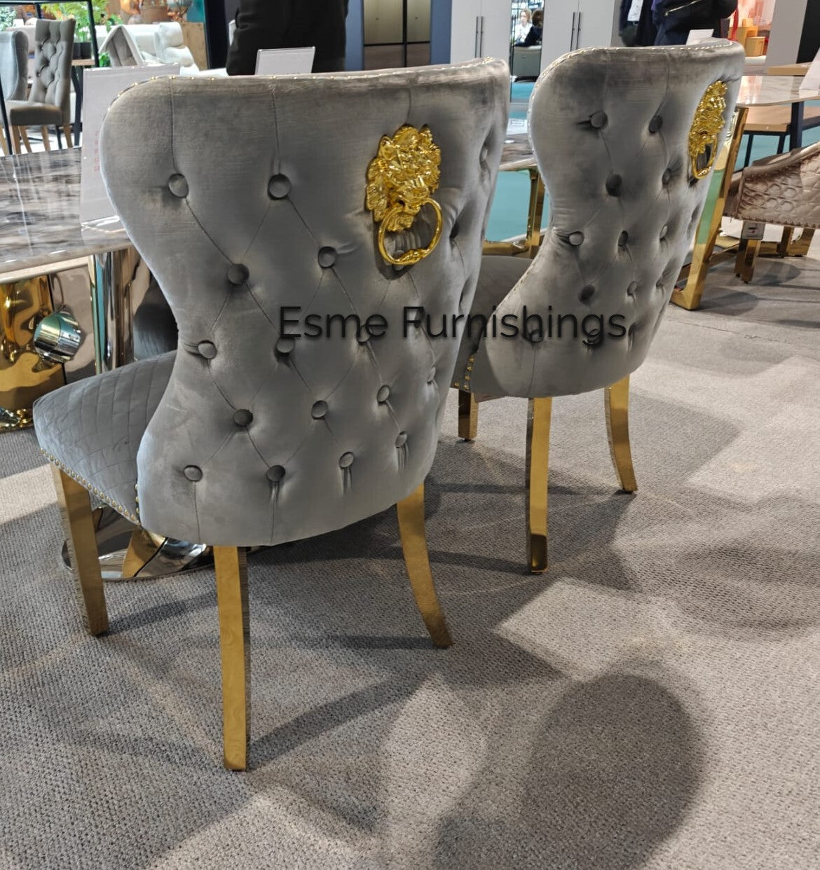 Valente Grey Gold Lion Knocker Button Back Plush Velvet Dining Chair Gold Legs