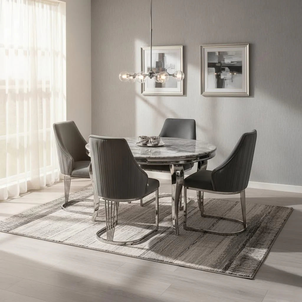 Louis Chrome Round Marble 130cm Dining Table With Carlton Velvet Dining Chairs