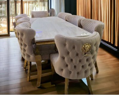Louis Marble & Gold Dining Table With Valentino Gold Button Lion Knocker Velvet Chairs