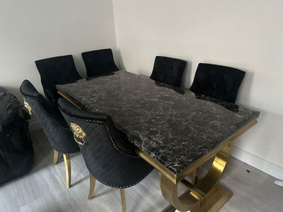 Arianna 200CM Gold Marble Dining Table + Gold Lion Knocker Dining Chairs