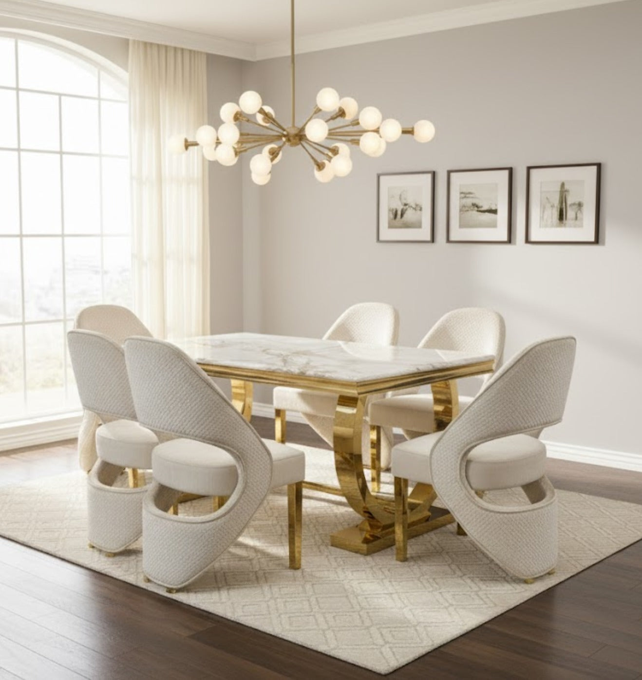 Arianna Marble & Gold Dining Table With Santos Curve Velvet Chairs Gold Legs